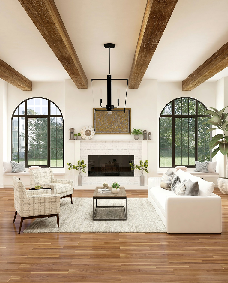 Modern Living Room with Exposed Ceiling Beams and Chandelier